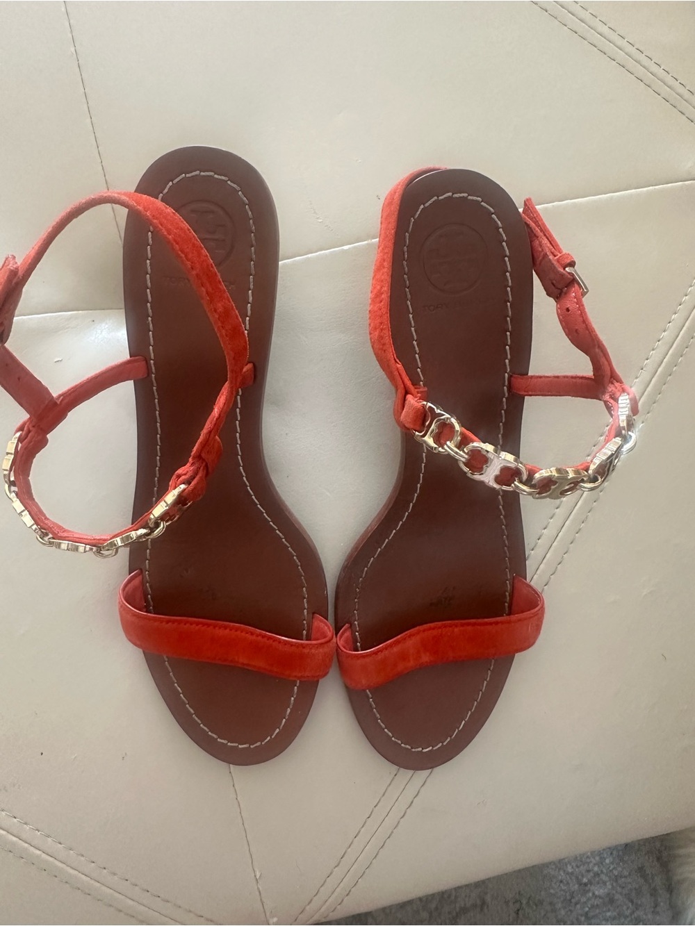 Tory Burch orange Suede Chain-Ankle Strap Sandals